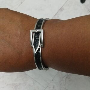 Black Leather Inset Bracelet with Silver Buckle